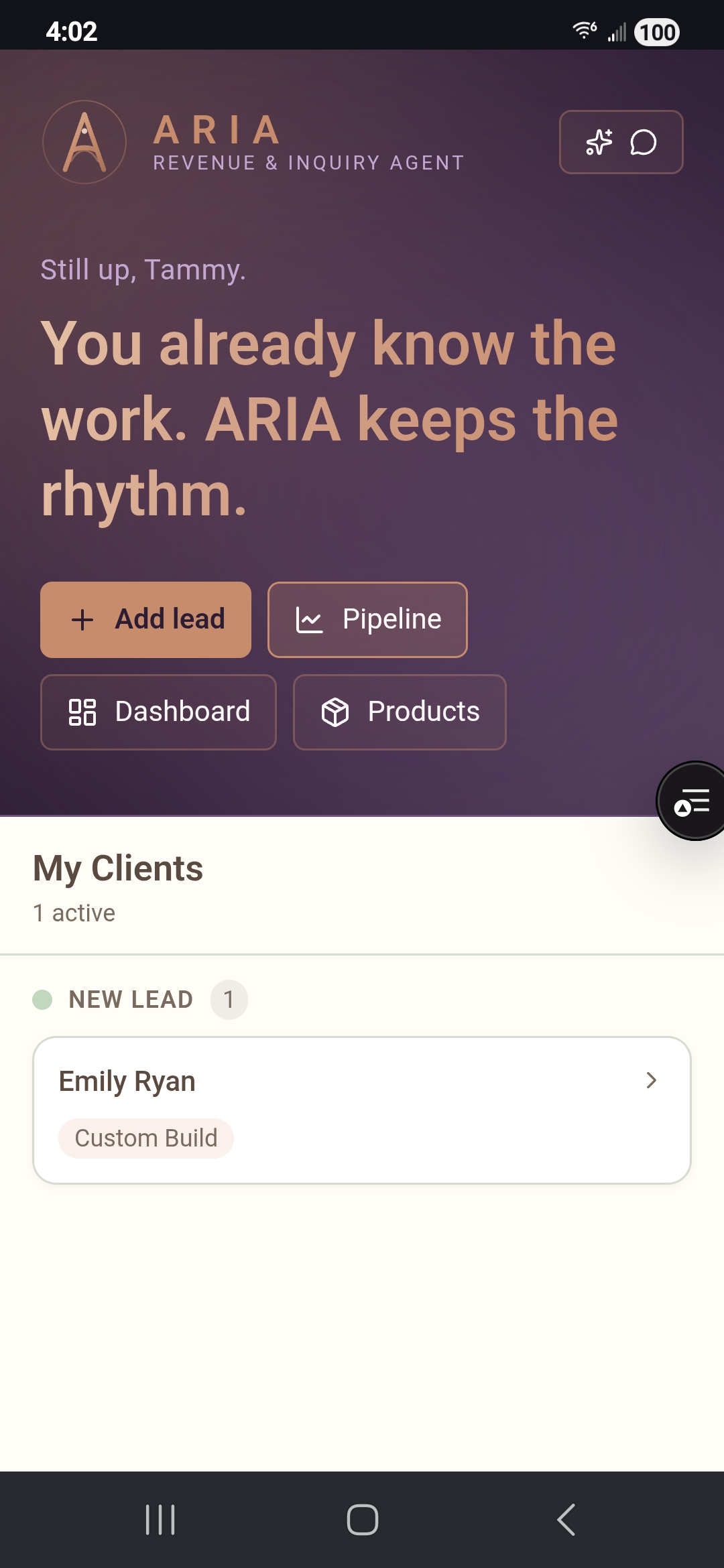 Aria Revenue & Inquiry Agent — home screen with Add Lead, Pipeline, Dashboard, Products and active clients