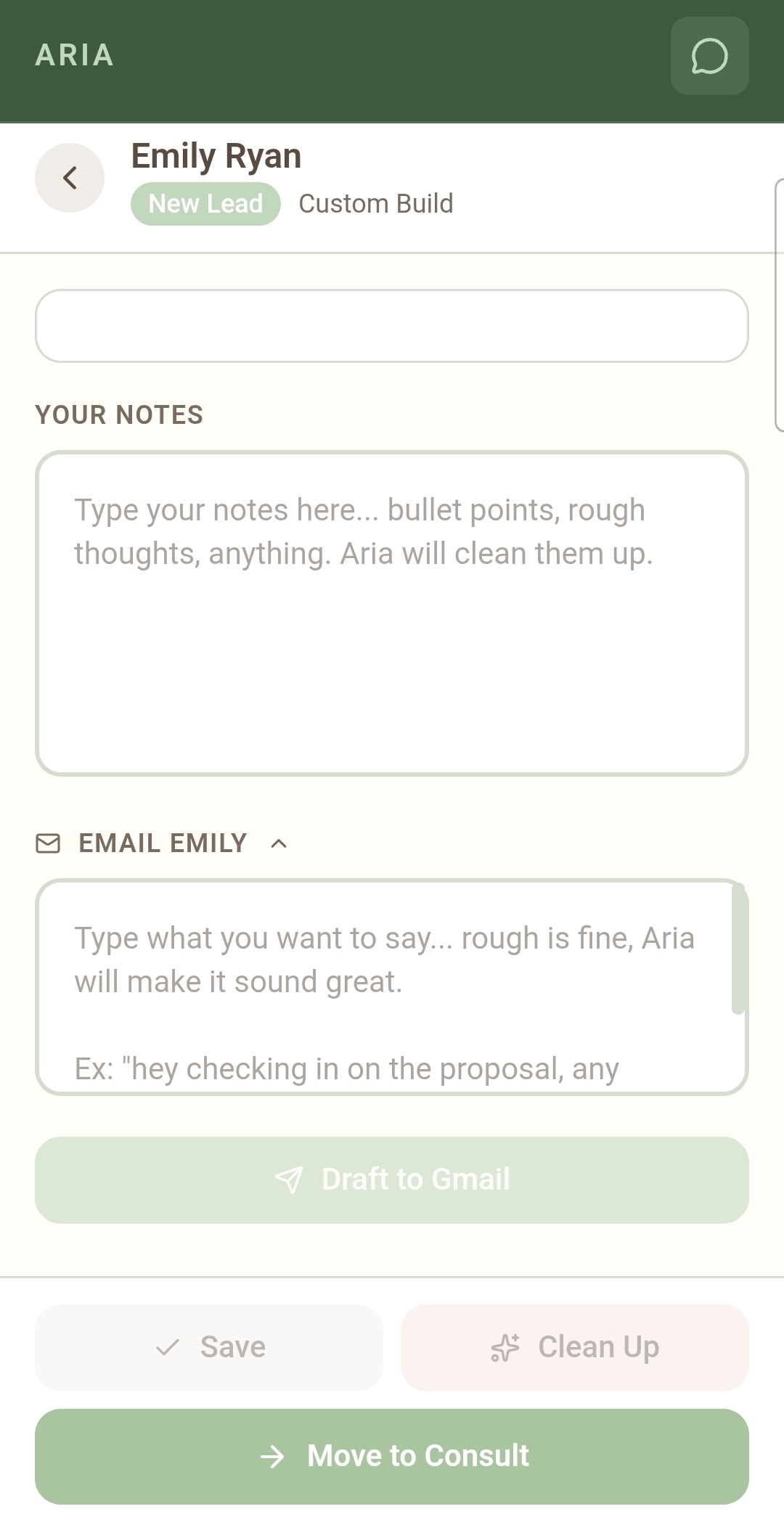Aria lead detail with notes and email draft