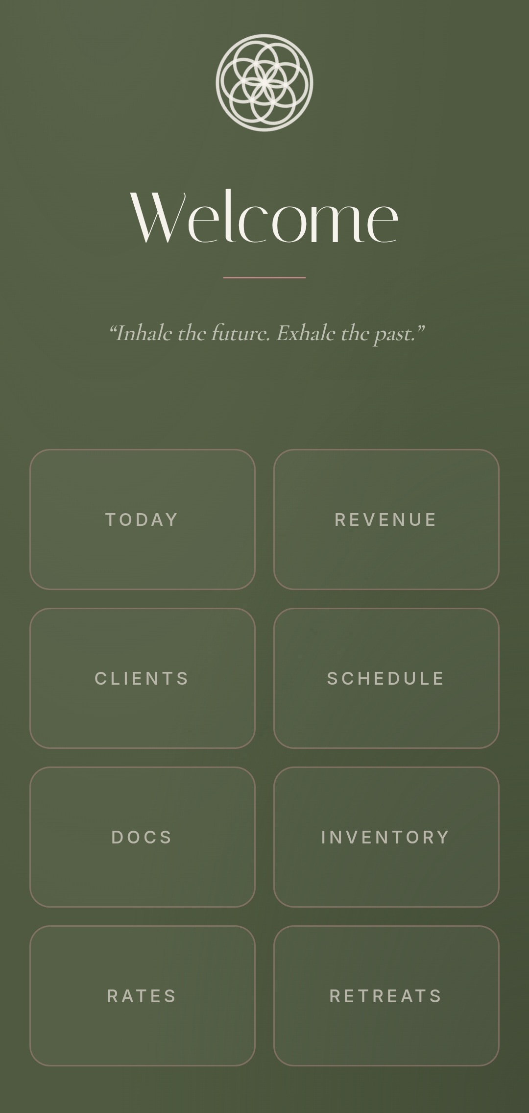 Cira welcome screen with Today, Clients, Schedule, Docs, Inventory, Rates, and Retreats tiles