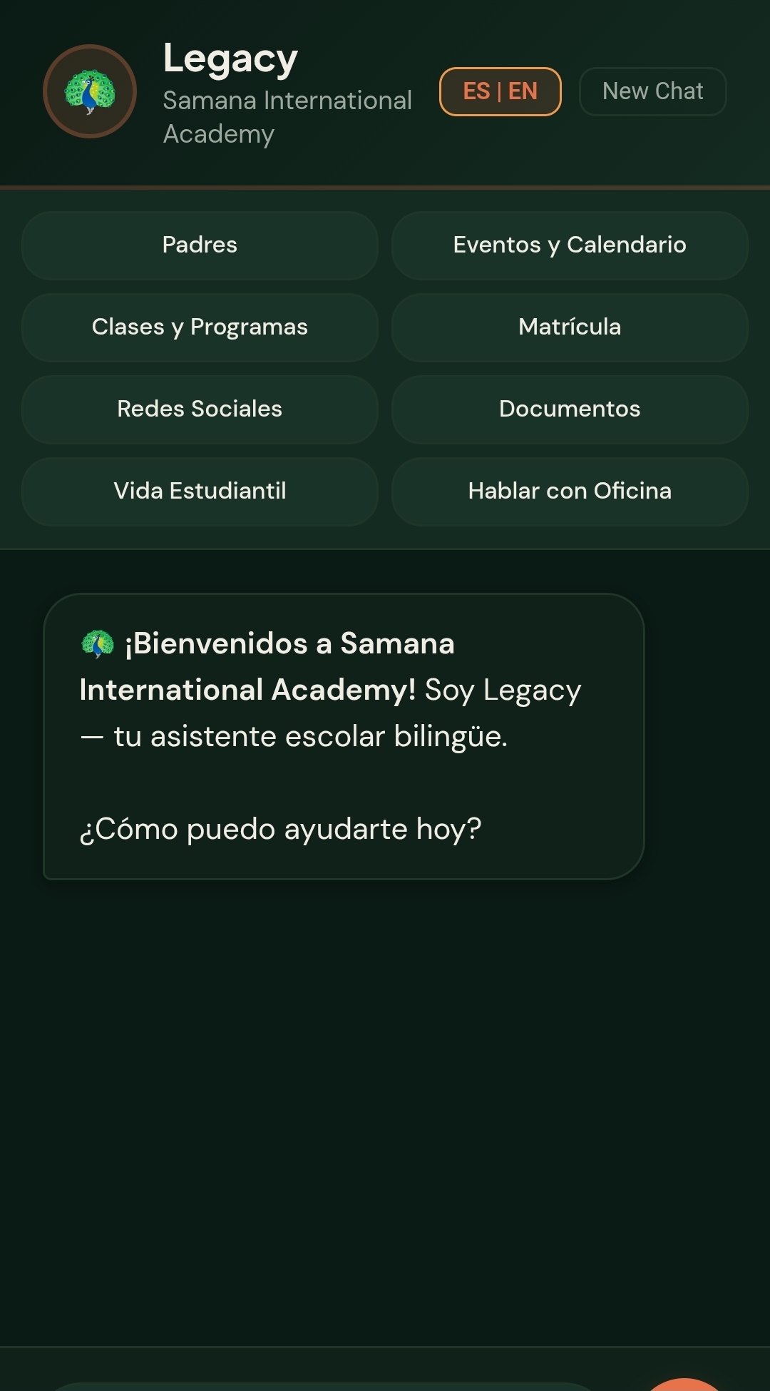 Legacy chatbot — Spanish welcome, with category buttons for Padres, Eventos, Clases, Matrícula, Documentos, Vida Estudiantil, and Hablar con Oficina