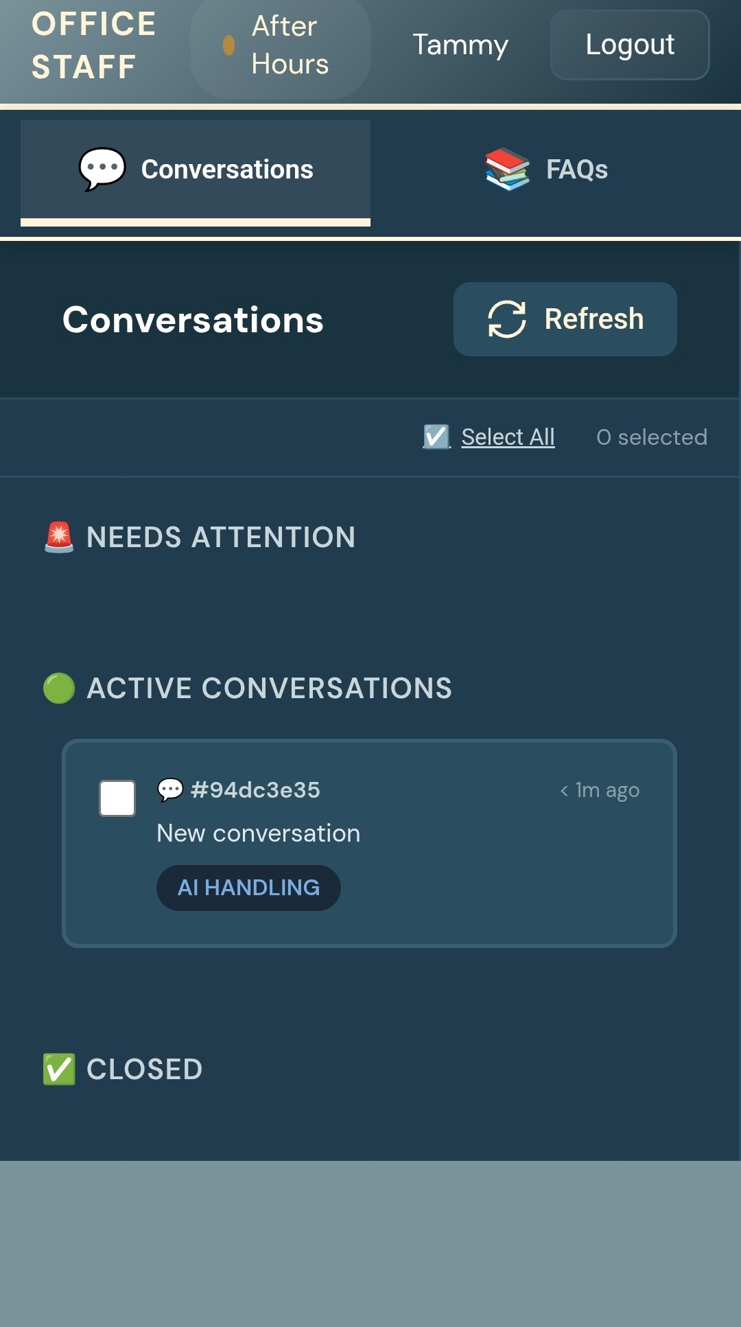Sova Office Staff portal — Conversations and FAQs with Needs Attention, Active, and Closed queues